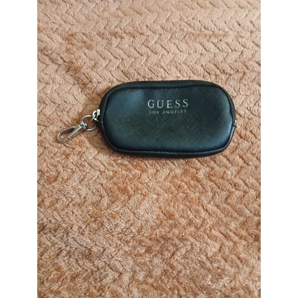 GUESS Black Coin Purse Keychain Zip Pouch Wallet Silver Clip Logo